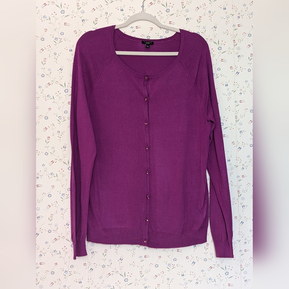 Talbot's Cardigan Sweater L Rhinstone Fuschia Buttons wool blend feminine light